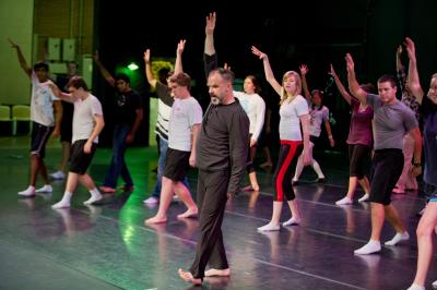 Georgia Tech students participating in the new Grand Challenges program are led in exercises of rhythm and dance technique by Office of the Arts resident artist Sean Curran.