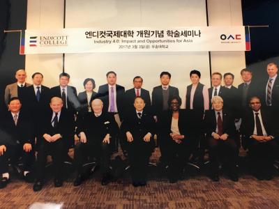 Attendees of the Endicott College of International Studies naming event included J.R. Reagan (back row, far right), vice dean of Endicott College; and Sung-Kyung Kim (front row, center), chairman of Woosong University.