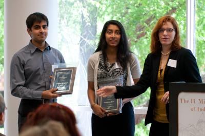 Professor Julie Swann (R) with Sanjana Rao and Aditya Singhal (L), ISyE Leadership Award recipients.
