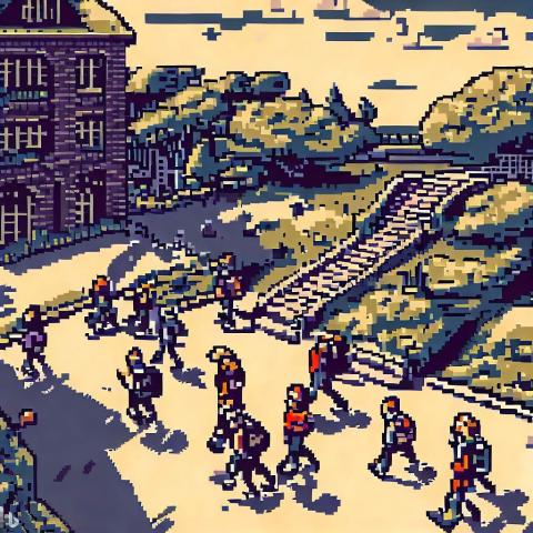 Pixel art, students walking on a campus