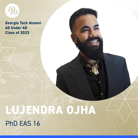 A headshot of Lujendra and the 40 under 40 logo.