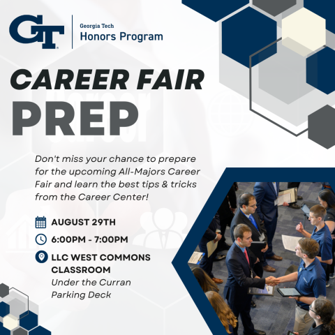 A flyer for the Honors Program Career Fair prep session on August 29th. It shows an image of a student in a suit shaking hands with a job recruiter during a previous Career Fair.