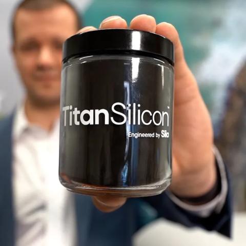Gene Berdichevsky, cofounder and CEO of Sila Nanotechnologies, holds a jar of the company’s newest nanocomposite silicon anode material.