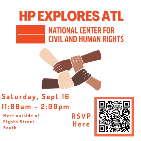 A flyer promoting the Honors Program trip to the National Center for Civil and Human Rights. The image shows an illustration of hands of different skintones, and a QR code leading to the RSVP link.