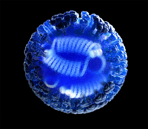 3D computer-generated rendering of a whole influenza (flu) virus