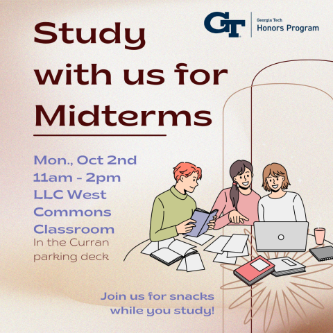 A flyer promoting the midterms study session hosted by the Honors Program on October 2nd. The image includes an illustration of students studying together with books and laptops, as well as information about the event.