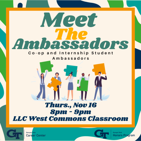 A flyer promoting the co-op and internship student ambassador info session on November 16th, 2023. The graphic includes illustrations of people holding puzzle pieces.