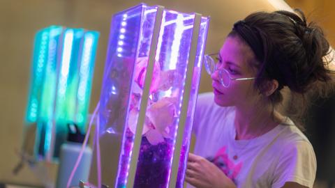 Georgia Tech student Sylvia Janicki demonstrates "Sensing Bodies," an art installation with interactive exhibits that foreground relationships between a human and plant.