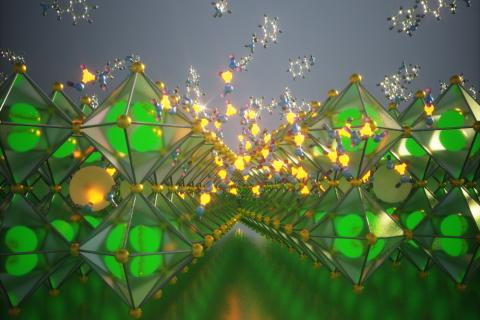 3D illustration of diamond-shaped perovskite structure in longs rows stacked in two layers.