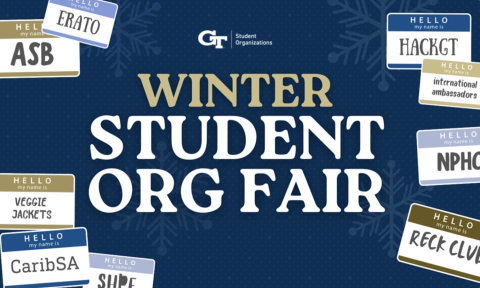 graphic with illustrated name tags, copy reads winter student org fair