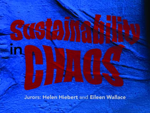 Exhibit title in red letters over a crumpled, blue paper background