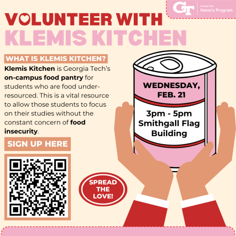 A flyer to promote the Honors Program volunteering with Klemis Kitchen on February 21, 2024. 
