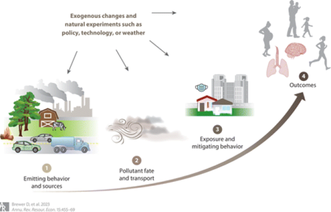 Simple schematic documenting the path of air pollution from emissions to outcomes. This review discusses the challenges of measuring how emissions of pollutants (step 1) disperse through the air (step 2) to become eventual exposures (step 3) and health outcomes (step 4).