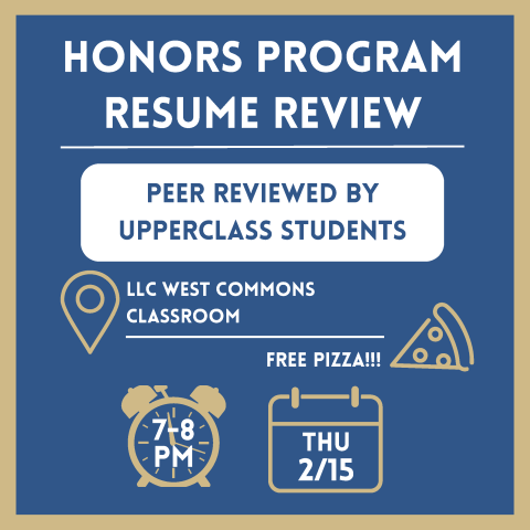 A flyer promoting the Honors Leadership Committee resume review on February 15th, 2024.
