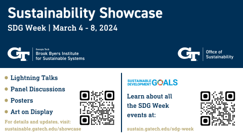 Graphic banner for the Sustainability Showcase with QR codes linking to the Sustainability Showcase webpage and the SDG Week webpage.