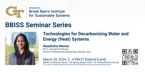 Image of Akanksha Menon detailing event, Technologies for Decarbonizing Water and Energy (Heat) Systems, includes QR code and link to calendar event.