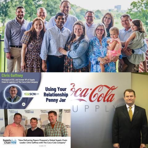 Collage with Chris and his family in 2024, from his days at Coca-Cola, from the SCM Talent podcast, and Supply Chain Now with Scott Luton and Greg White