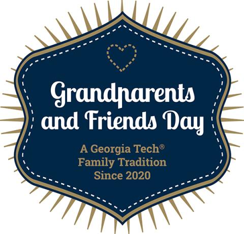 A navy blue shield with solid gold and white dashes at its border and bold rays extending out from behind, and the words Grandparents and Friends Day A Georgia Tech (r) Family Tradition Since 2020