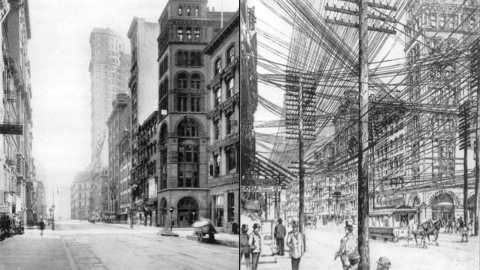 Two images of a city, one with the wires underground and one with them overhead.