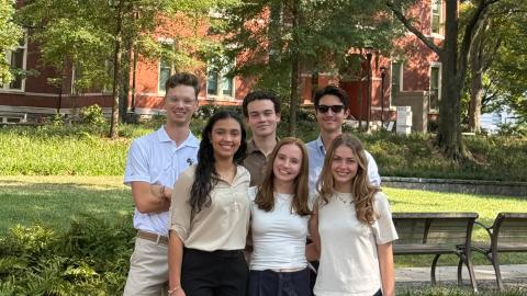 Students Six students from the Georgia Tech Undergraduate Law Review executive committee pose for a group photo in front of Tech Tower..