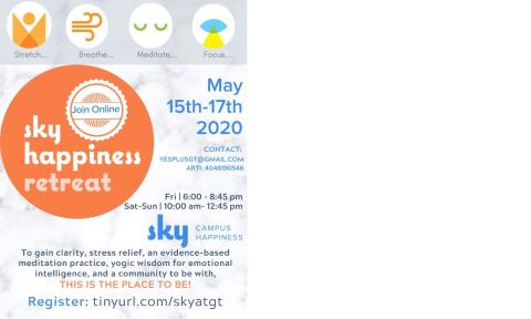 Flyer for SKY's online Happiness Retreat from May 15-17, 2020.