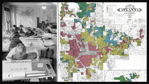 Black and write image of workers in the FHA mapping division in 1937 and colored map of Atlanta from 1938