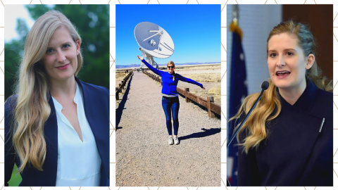 Three photos of Emily, her headshot, standing in front of a satellite, and speaking at an event