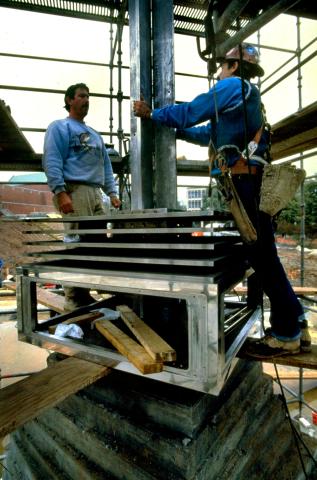 An image of the construction of the Kessler Campanile in anticipation of the 1996 Olympics.