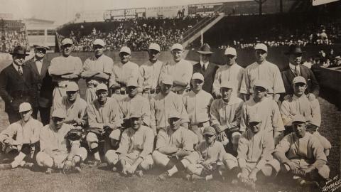 The 1918 Boston Red Sox on the field at Fenway Park.
