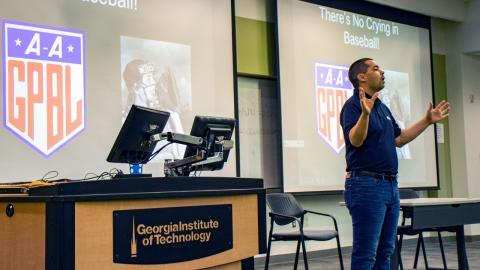 Johnny Smith, the Julius C. “Bud” Shaw Assistant Professor in Sports, Society, and Technology, lectures during a recent sports history class.
