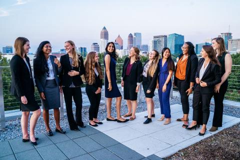 Executive Board for the Women in Electrical and Computer Engineering (WECE) student organization on the Clough rooftop.