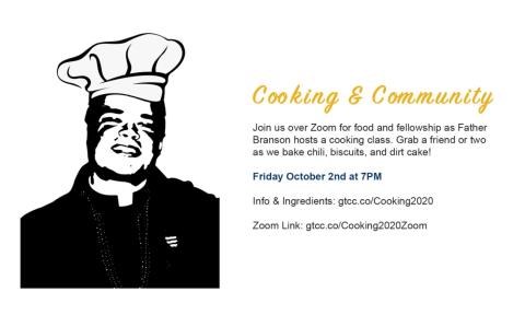 Flyer for the Catholic Student Organization's event Cooking and Community, hosted Oct. 2, 2020 at 7 p.m.