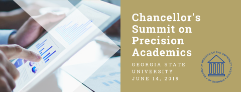 Banner image for the USG Chancellor's Summit on Precision Academics. Image shows someone reviewing analytics on an iPad.