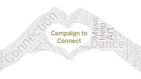 The image of a pair of hands in profile, fingers touching to create the shape of a heart in the center. The words "Campaign to Connect" are in the heart. A word cloud including Hope, Music, Dance, Art, Joy, and Support are on the hands. 