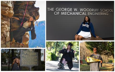 Photo collage: Mackenzie Sicard in her cap and gown climbing a rock cliff; Bijée Jackson in Georgia Tech sweatshirt in front a wall with "George W. Woodruff School of Mechanical Engineering; John Respert in cap and gown with a Georgia Tech pennant; Simrill Smith seated in cap and gown with roller skates and giving the peace sign; Mariah Washington in cap and gown with the Georgia Tech historical marker.