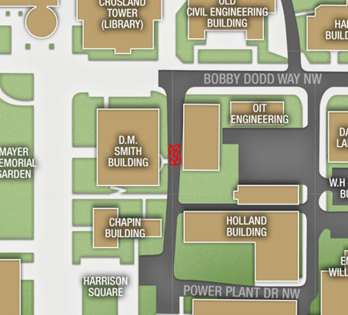 map of crane staging between Bobby Dodd Way and Power Plant Dr.
