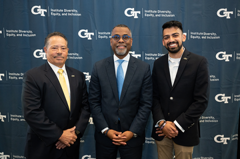Archie Ervin, Eddie Glaude Jr, and Rohan Sohani pose in front of a backgroup that reads Georgia Tech Institute Diversity, Equity, and Inclusion