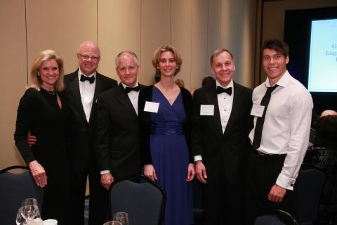 (L to R): Sheree Zachary with husband and COE honoree Robert "Bob" Martin; Charles Harris, COE honoree; Nancy Sandlin, ISyE development director; Chip White,  H. Milton and Carolyn J. Stewart chair of ISyE; and James Wade, ISyE graduating senior.