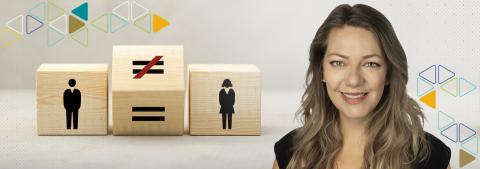 Whitney Buser with a block graphic that evokes gender inequality. 