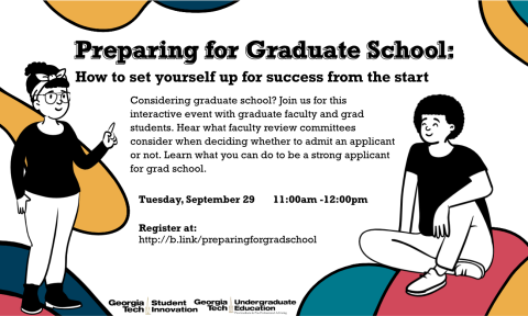 Two cartoons of students sitting and standing on abstract shapes. Advertising a "preparing for grad school" workshop that will be held virtually on September 29, 2020.