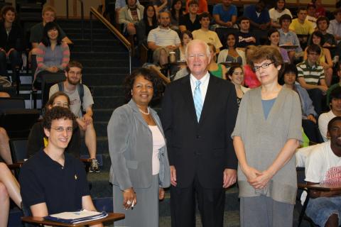 U. S. Senator Saxby Chambliss (center) with School of Public Policy Visiting Professor B. J. Davis Rowe (left) and School Chair Diana Hicks (right) and students in Rowe's U. S. Government 1101 April 22.