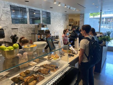 photo of student in line at Kaldi's Coffee