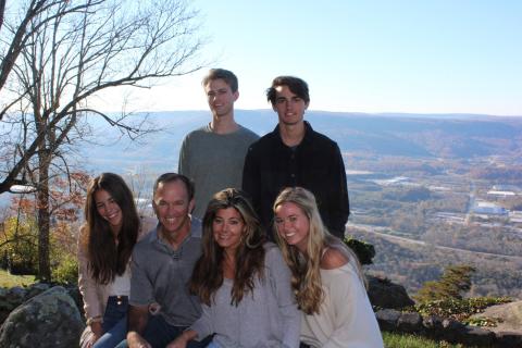 Kenny Thorne's family includes other Yellow Jackets. (Front l-r): Kenedy (CS 21), Kenny, Bridget (ID 88, MBA 90), Rachel (BSIE 17, MSIE 18); (back l-r): Zachary and Daniel