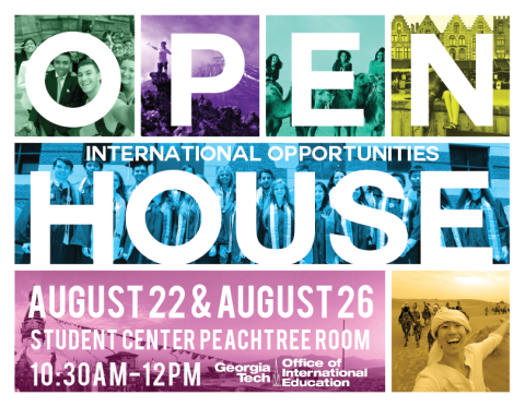 Flyer for OIE's International Opportunities Open Houses. Flyer is composed of different study abroad photos that are washed out with green, purple, teal, yellow, royal blue, pink, and orange colors.