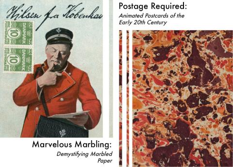 Figure of postman on left, sample of marbled paper on right