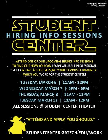 Flyer for Student Center spring 2018 hiring information sessions