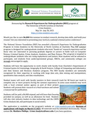 Announcement for the Research Experiences for Undergraduate Program at the University of North Carolina at Charlotte in Crime Analytics.