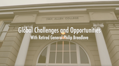 Front of the Habersham building with a gold tint to it. The overlaid text says "Global Challenges and Opportunities with Retired General Philip Breedlove."