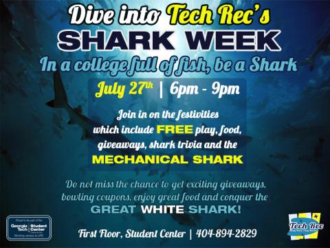 blue sea background with sharks swimming with event description details in forefront
