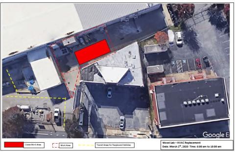 map of crane staging at Woodlab Bldg